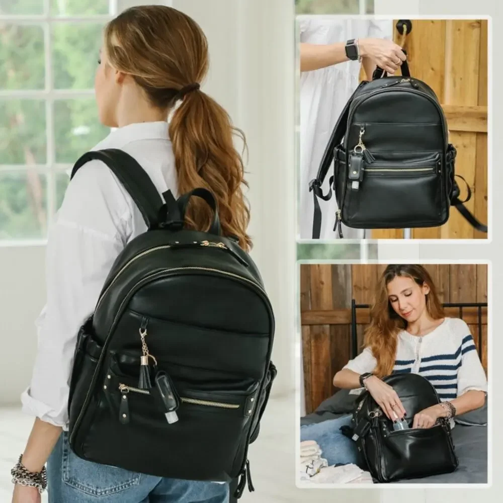 miss fong Diaper Bag Backpack Leather Diaper Bag, Baby Diaper Bag (Black)
